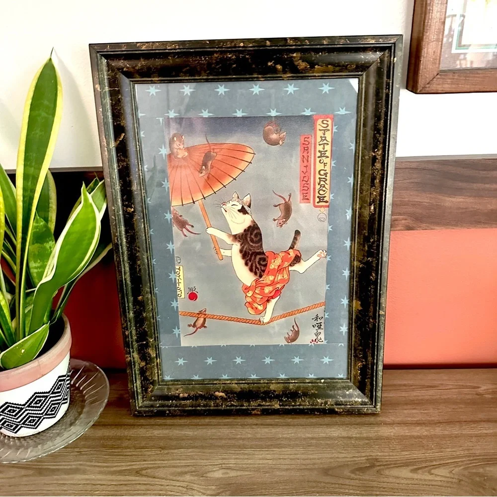 Japanese Cat on the High Wire Umbrella Mice Rat Tattoo Style Canvas Print Framed